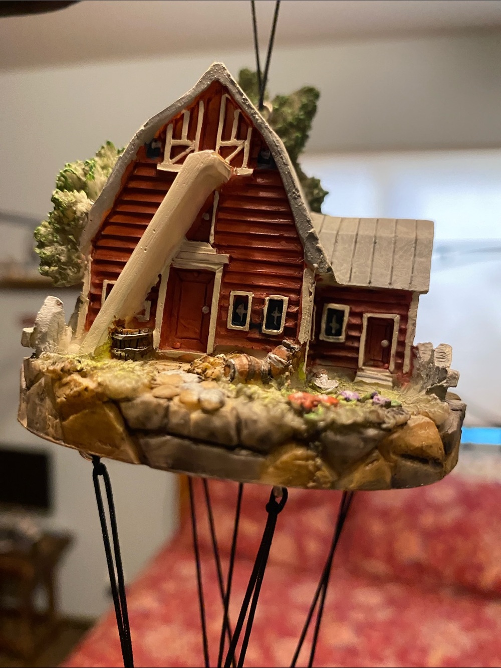 Hand-Painted Red Barn Ornament with Stone Base